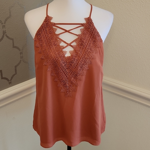 Nina Britton NWT Women's Lace Trim Strappy Tank Top - Rusty Rose Size Medium - Picture 1 of 11